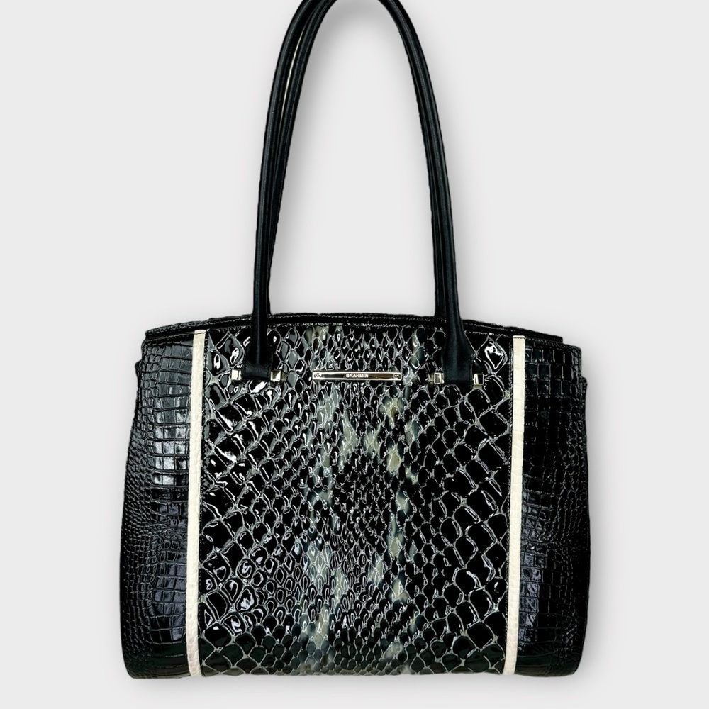 Brahmin Black Croc-Embossed Tote with Cream Trim